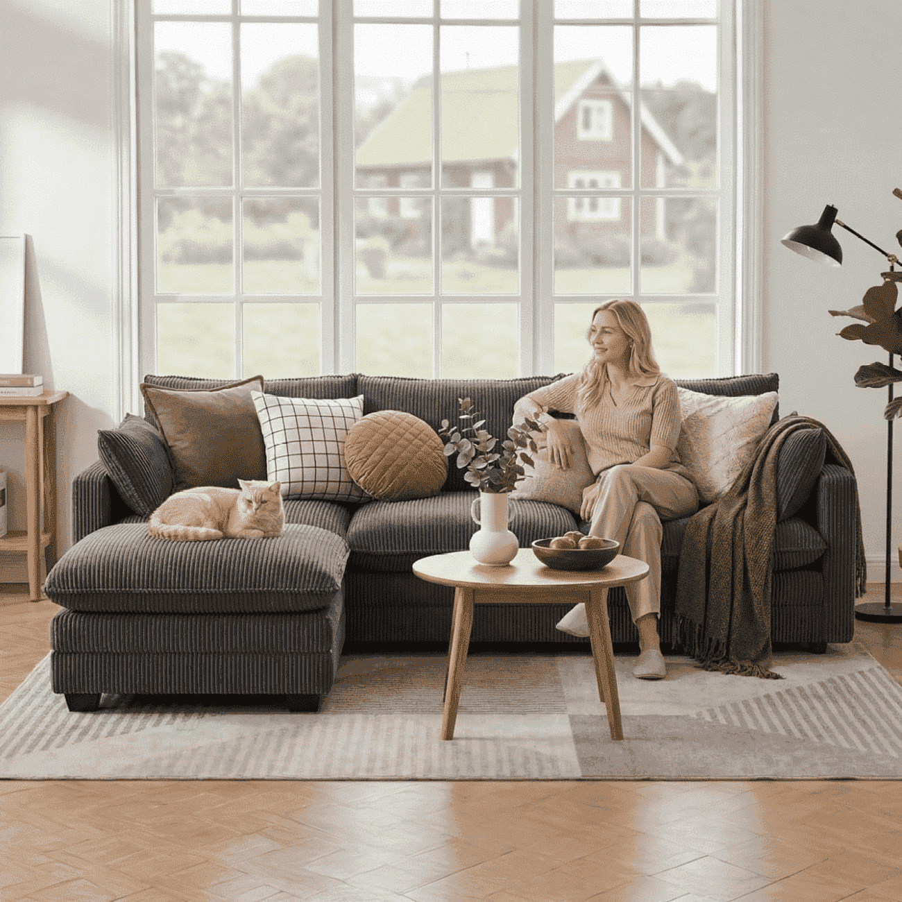 110'' Oversized L Shaped Couch for Living Room, Cloud Couches with Washable Corduroy Cover, Modern 4-Seater Comfy Deep-Seat Sofa with Movable Ottoman and 2 Throw Pillows for Apartment, Gray