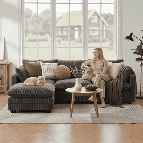 110'' Oversized L Shaped Couch for Living Room, Cloud Couches with Washable Corduroy Cover, Modern 4-Seater Comfy Deep-Seat Sofa with Movable Ottoman and 2 Throw Pillows for Apartment, Gray