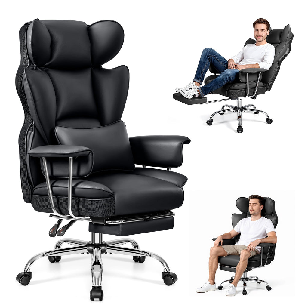 Primy High Back Office Chair, Big and Tall PU Leather Executive Chair with Footrest – Ergonomic Reclining Computer Desk Chair, High-Density Foam, Heavy Duty Swivel Rolling Chair, Black
