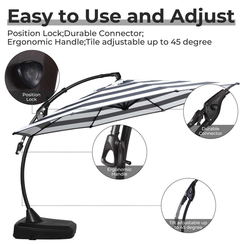 GRANDPATIO 12 Ft Outdoor Umbrella with Base, Large Aluminum Cantilever Offset Umbrella for Patio Pool, Black & White