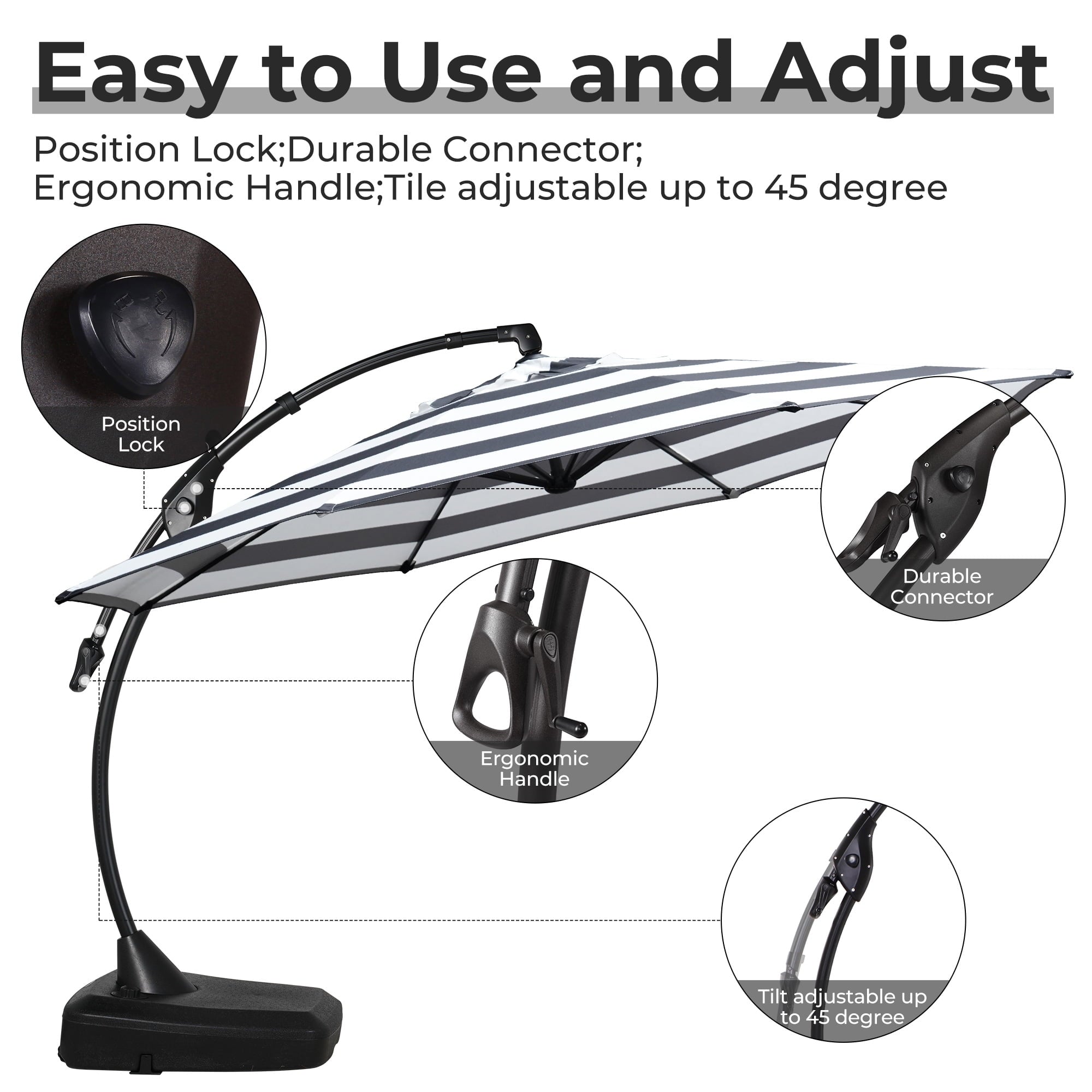 GRANDPATIO 12 Ft Outdoor Umbrella with Base, Large Aluminum Cantilever Offset Umbrella for Patio Pool, Black & White