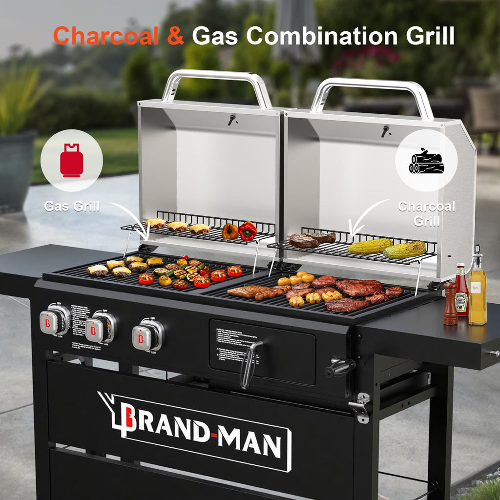 Brand Man Propane 6-Burner Combo Gas Grill with Flat Top Griddle, Heavy Duty 2-in-1 BBQ with Stainless Steel Lids for Outdoor Barbecue