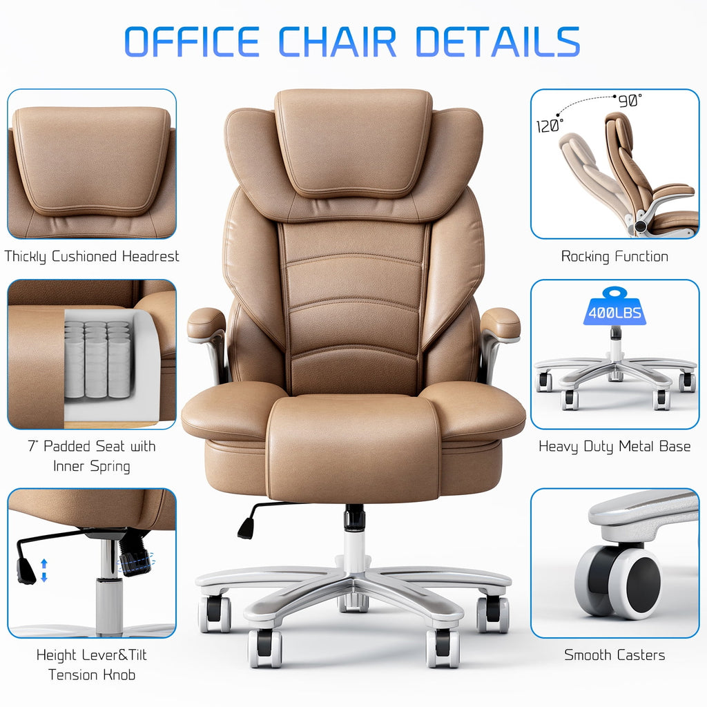 Ninecer Big and Tall Office Chair 400lb Wide Seat, Ergonomic High Back Leather Executive Desk Chair, Computer Chair with Flip-up Arms, Black