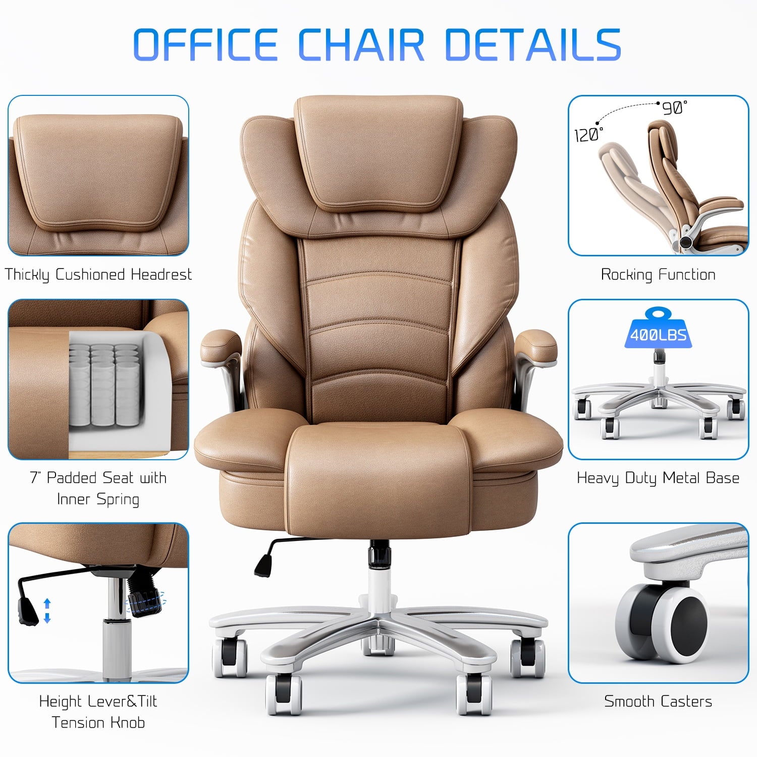 Ninecer Big and Tall Office Chair 400lb Wide Seat, Ergonomic High Back Leather Executive Desk Chair, Computer Chair with Flip-up Arms, Black