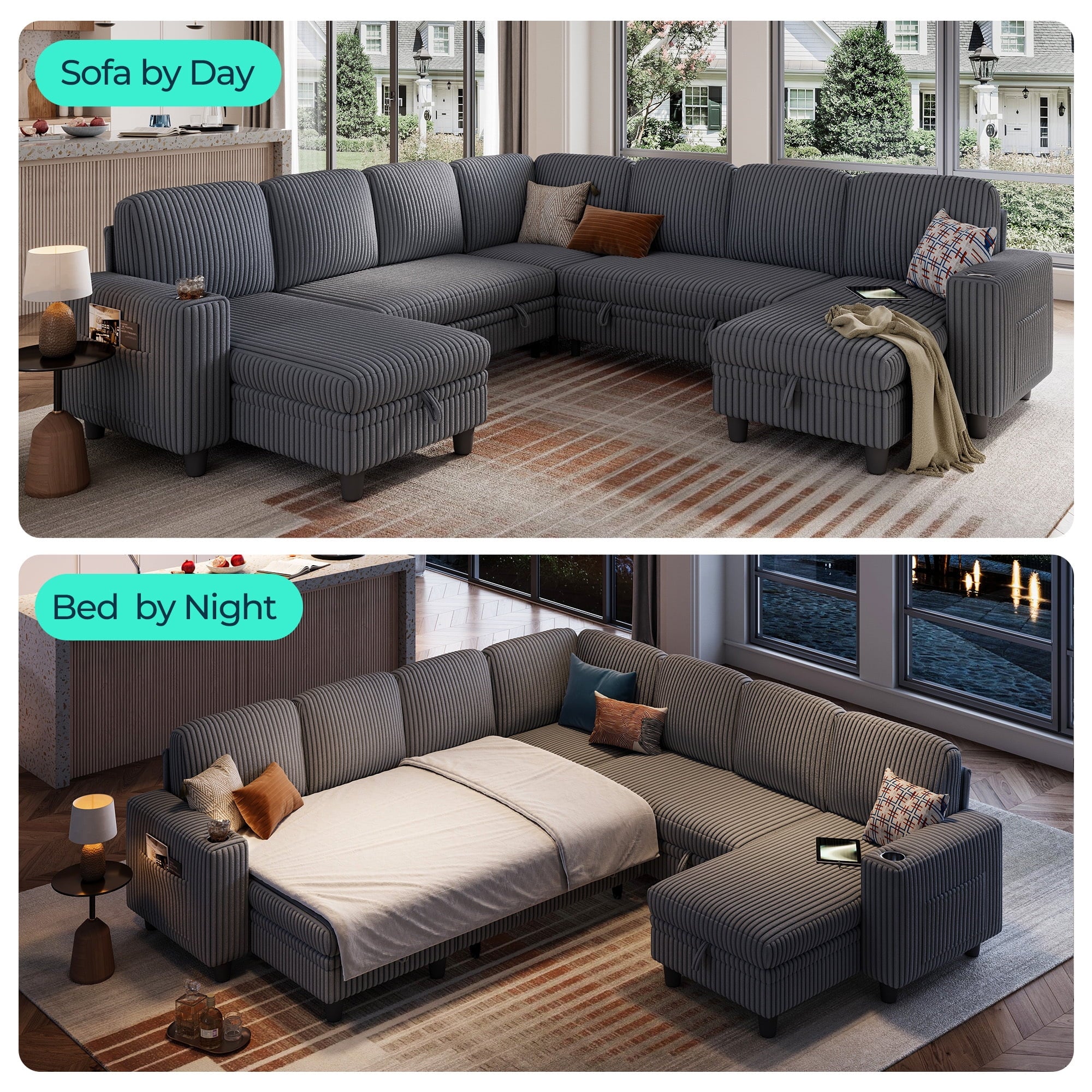 LINSY HOME L Shaped Sectional Couches for Living Room, Sleeper Sofa Bed with Reversible Storage Chaise, Pull Out Couch Bed with USB, Cup Holder, Black