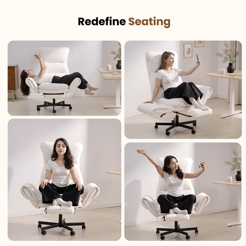 Patbrela Big and Tall Office Chair, Teddy Plush Swivel Desk Chair Ergonomic Computer Chairs with Adjustable Armrests, Beige