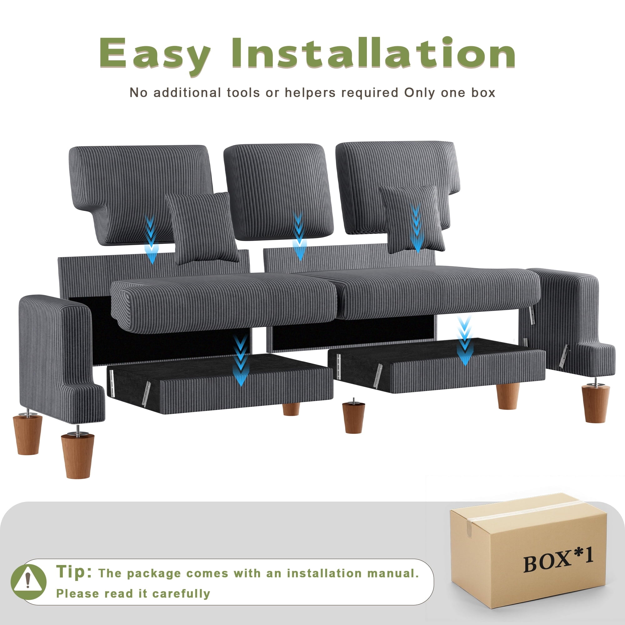AAQZ 87 Corduroy Sofa Couch for Living Room, 3 Seater Deep Seat Comfy Couch in a Box, 2 Cushions, 2 Pillows Tool-Free Setup,Gray