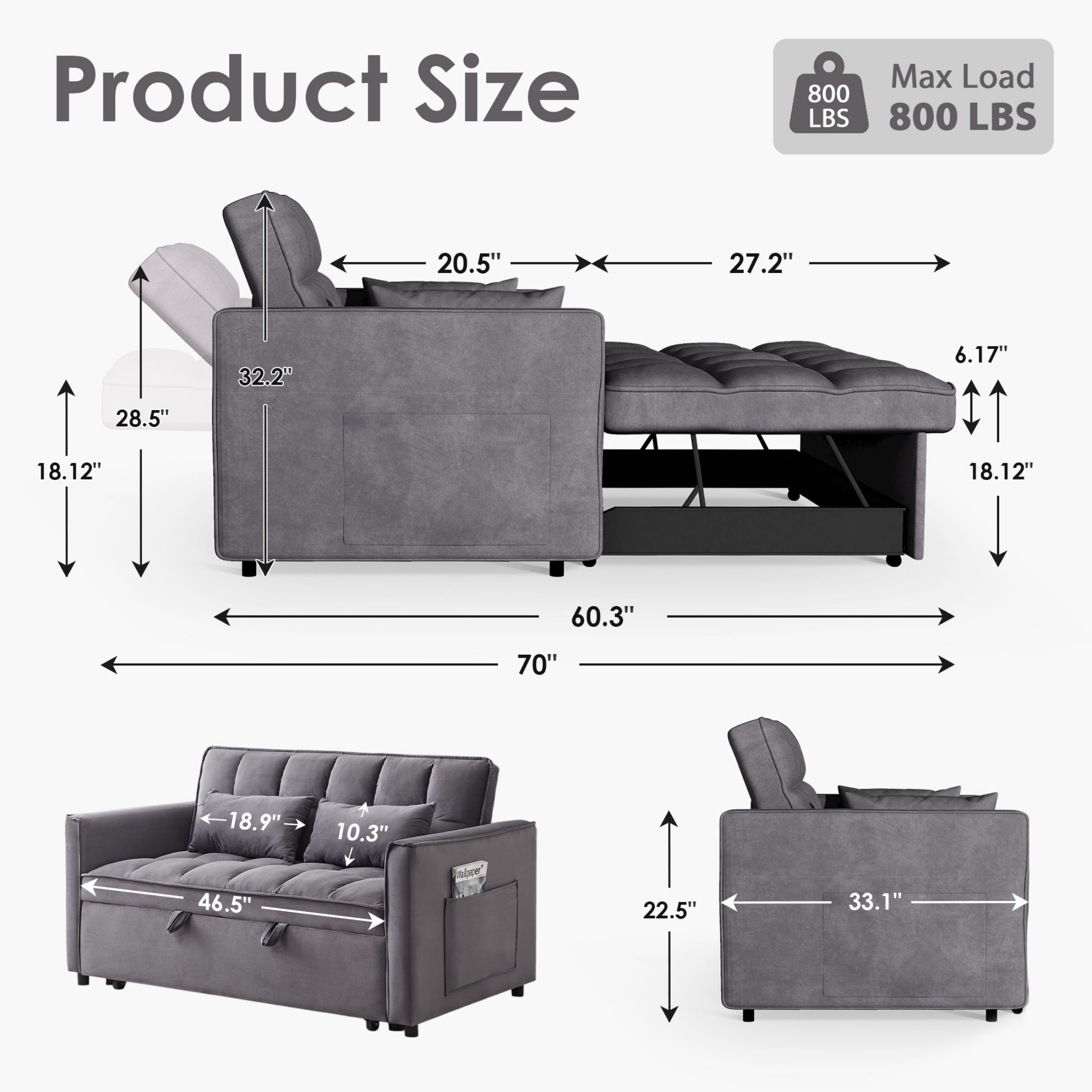 Anpport 3-in-1 Convertible Sleeper Sofa Bed, Pull-Out Loveseat Couch with Adjustable Back for Small Spaces, Velvet Fabric, 55, Dark Gray