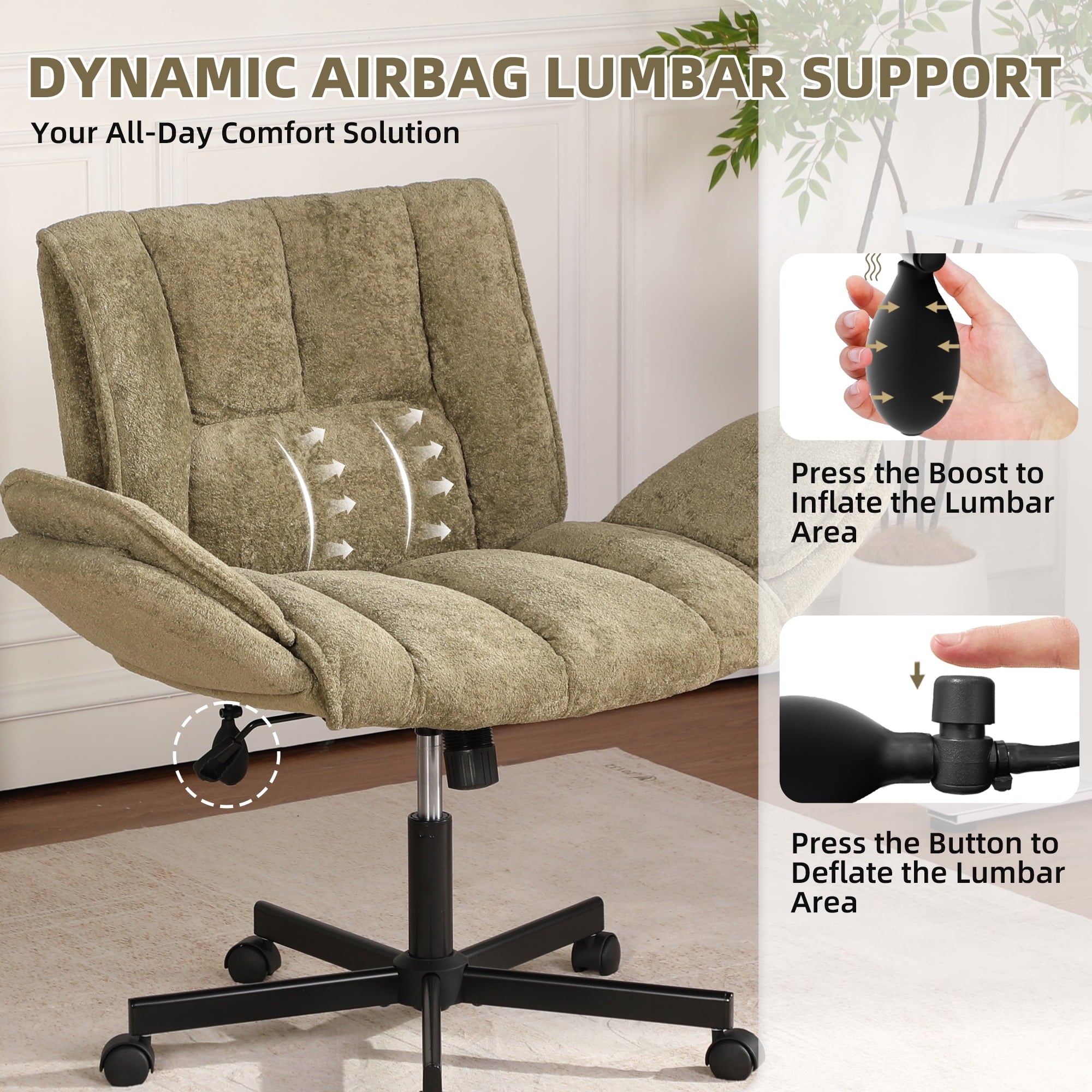 Cross Legged Office Chair with Wheels & Dynamic Airbag Lumbar Support, Criss Cross Wide Seat, 5-Position Fold-Down Armrests, Swivel Vanity Chair for Home Office, Dark Green