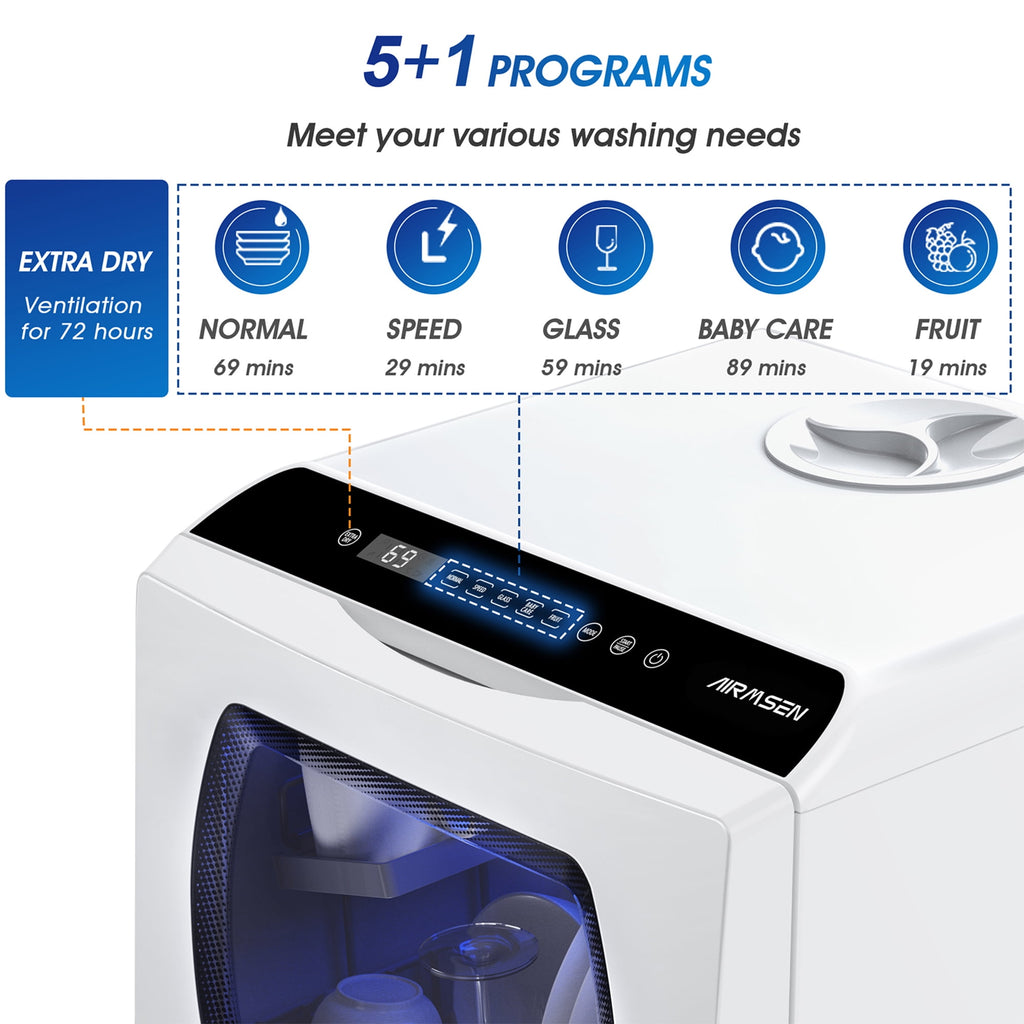 AIRMSEN Portable Countertop Dishwasher with 5-Liter Built-in Water Tank and Air-Dry Function, 5 Washing Programs Mini Dishwasher, AE-TDQR03