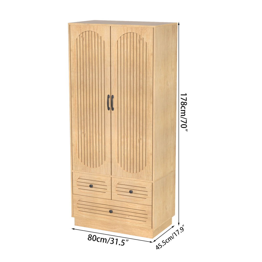 Wardrobe Closet with 2 Door & 3 Drawers, Freestanding Wooden Closet with Shelves and Hanging Rod, Bedroom