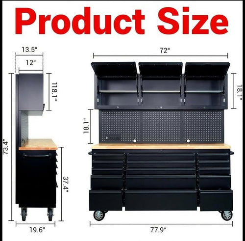 72-inch Rolling Tool Chest Cabinet Garage Workbench with 15 Storage Drawers and Wheels, 3 Upper Cabinet, Pegboard, Steel Large Tool Box for Garage Workshop, Matte Black