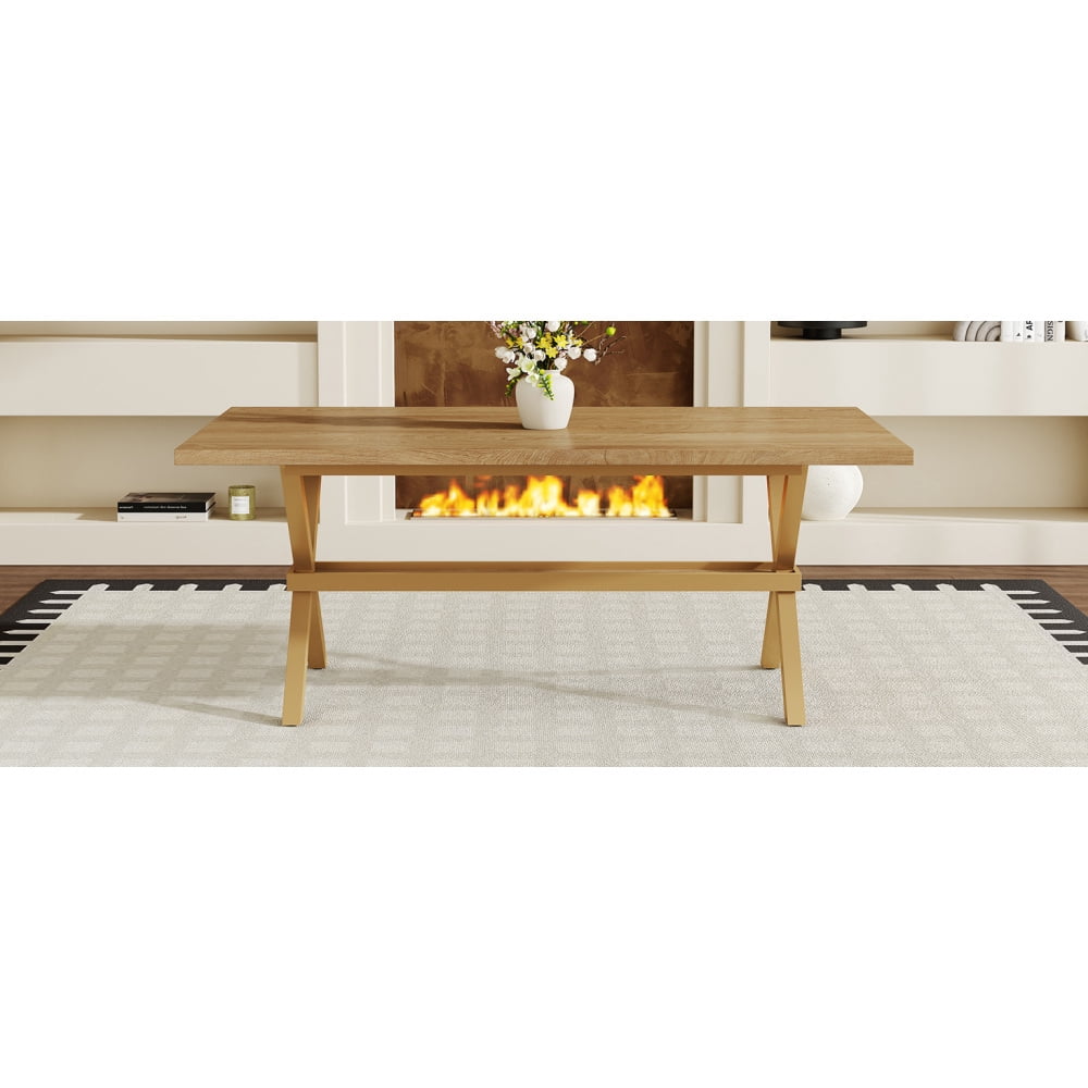 Modern 71 Wood Dining Table, Light Wood Grain MDF Top with X-Shaped Metal Legs, Seats 6-8 People, for Kitchen & Dining Room