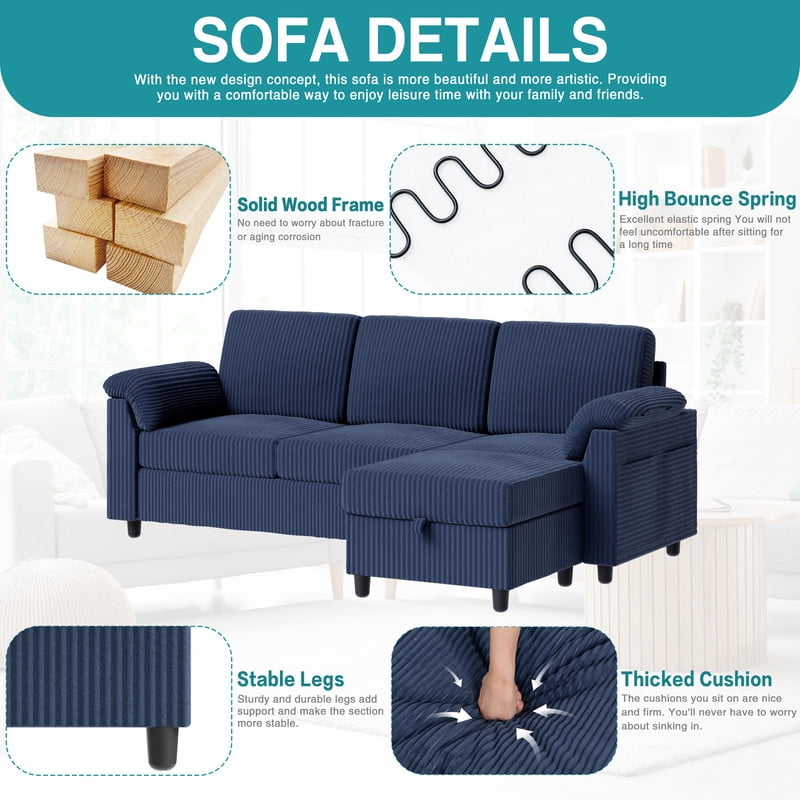 Walsunny 69 Convertible Sectional Sofa Couch with Storage Ottoman,L Shaped Sofa with Removable Pillows & Linen Fabric, Modern 3-Seat Couch with Reversible Storage Chaise,Dark Gray