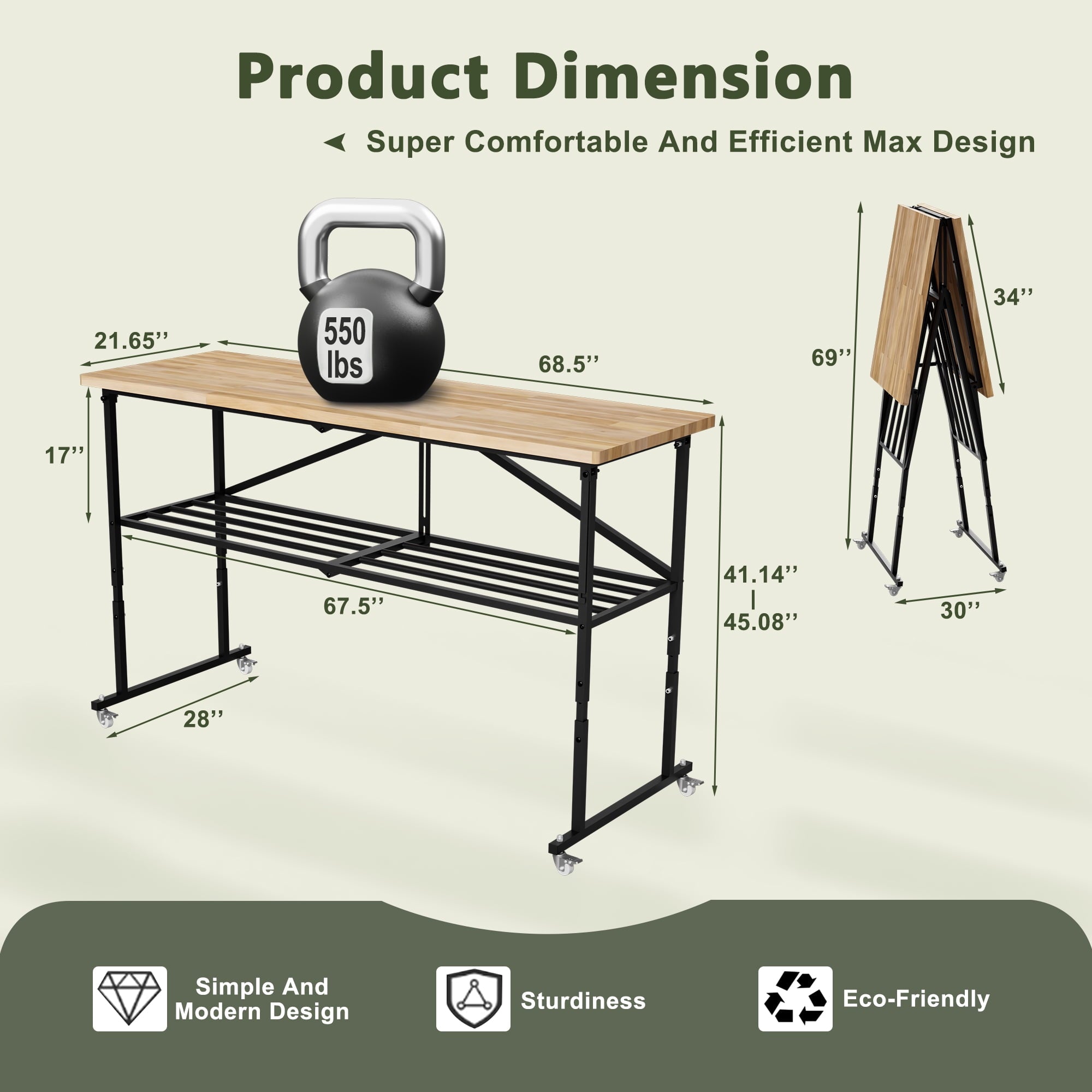 LZBEITEM 68”Large Rolling Workbench, Rubber Wood Folding Workstation , Hardwood Worktable Adjustable Height, 2000 lbs Capacity for Workshop, Garage, Office, Home, Commercial