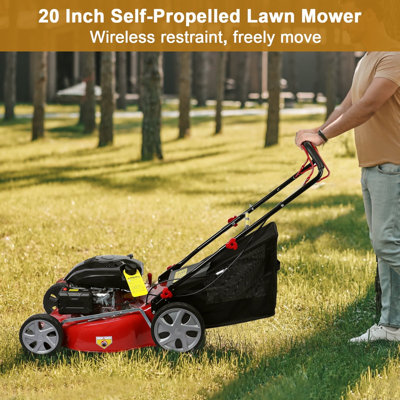 AQSQ 20in Lawn Mower, Self Propelled Lawn Mower, 141cc Gas Engine Lawn Mower, Push Lawn Mower with 50L Grass Tank, Big Wheels