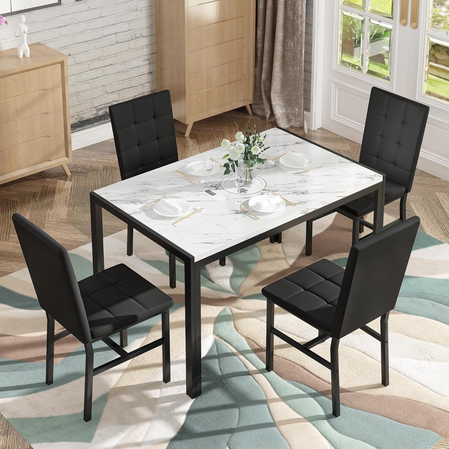 LinkRomat 5-Piece Faux Marble Dining Table Set for 4, Modern Kitchen Table with Chairs, Dinette Dining Room Furniture Set for Compact Space Saving