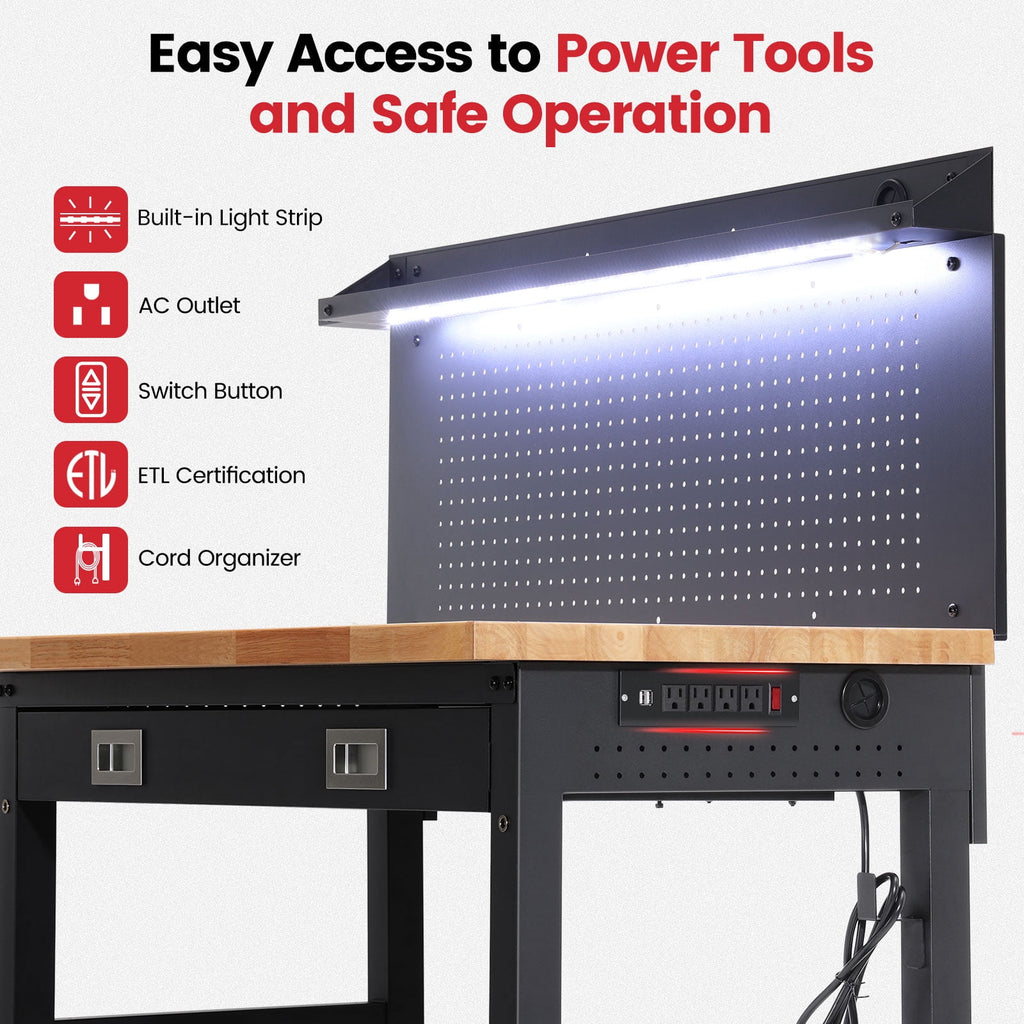 Workbench for Garage,ENJOYWOOD Heavy Duty 48 inch Wood Work Bench with Drawers,Led Lights, Pegboard and Wheels,Rubber Wood Tabletop,2000 LBS Load Bearing Workstation Garage Desk Table Worktable
