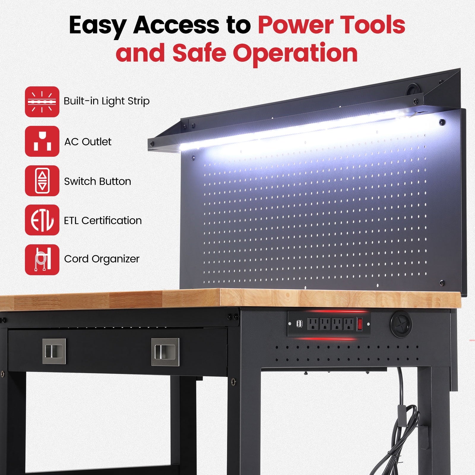Workbench for Garage,ENJOYWOOD Heavy Duty 48 inch Wood Work Bench with Drawers,Led Lights, Pegboard and Wheels,Rubber Wood Tabletop,2000 LBS Load Bearing Workstation Garage Desk Table Worktable