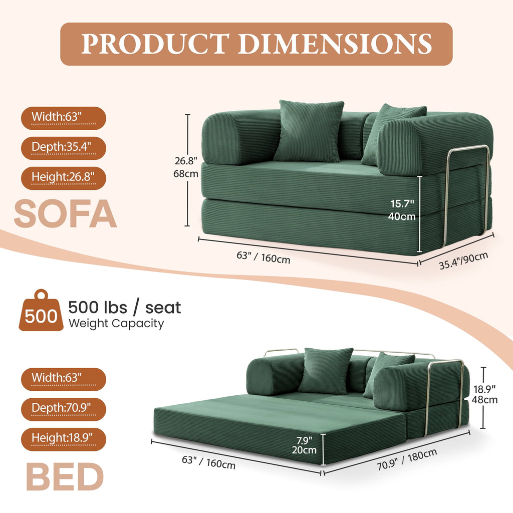 COOLHUT 63 W Combination Sofa, High Rebound Density Foam Sofa Couch, Two Forms Floor Couch Three Seats Sofa Bed for Living Room, Bedroom, Green
