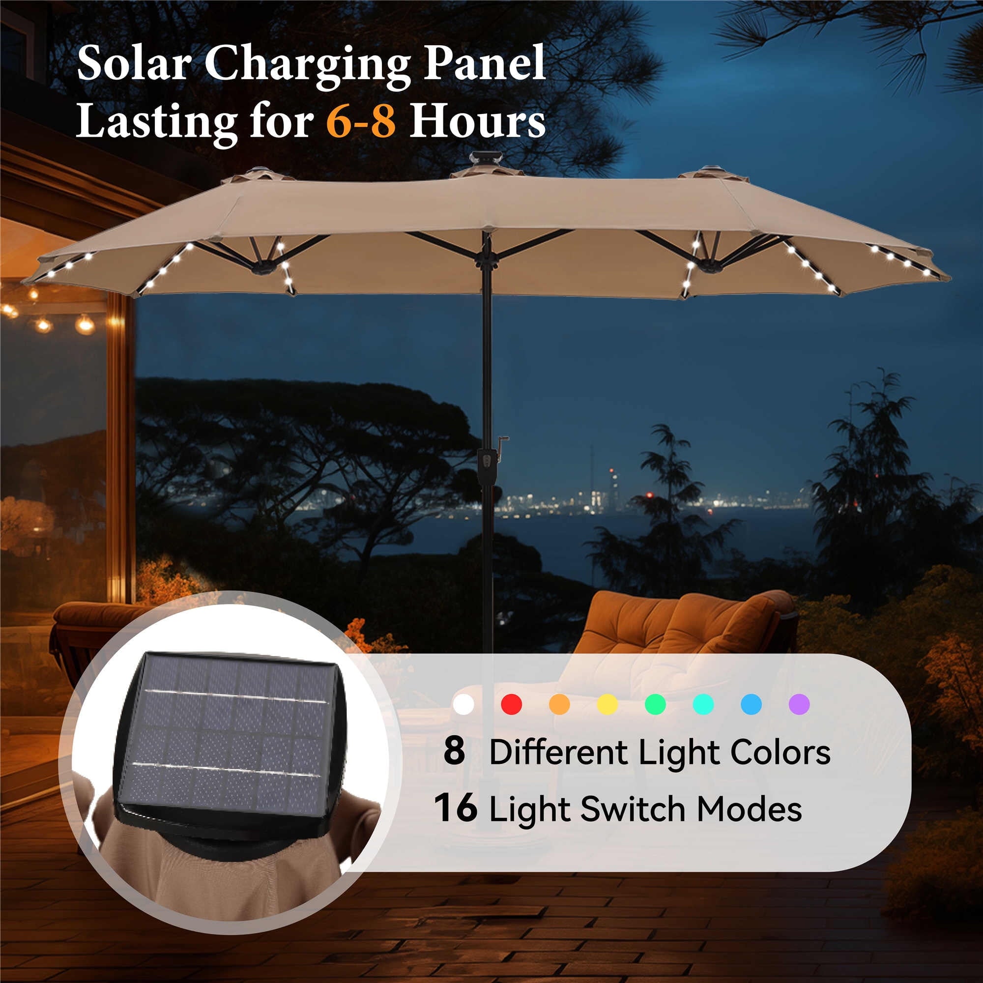 SUMMIT LIVING 13ft Large Patio Umbrella with Multi-Color LED Solar Lights Double-Sided Rectangular Outdoor Table Umbrella – Beige