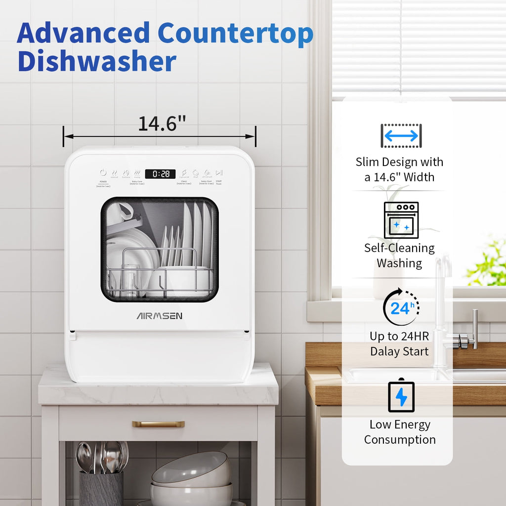 AIRMSEN 5-Place Settings Portable Countertop Dishwasher with 5L Built-in Water Tank, Ultra-Slim Dishwasher Upgrade 3 Spray Arms, 12H Delay Start and Salt Chamber Function, ZMW-DUHA01
