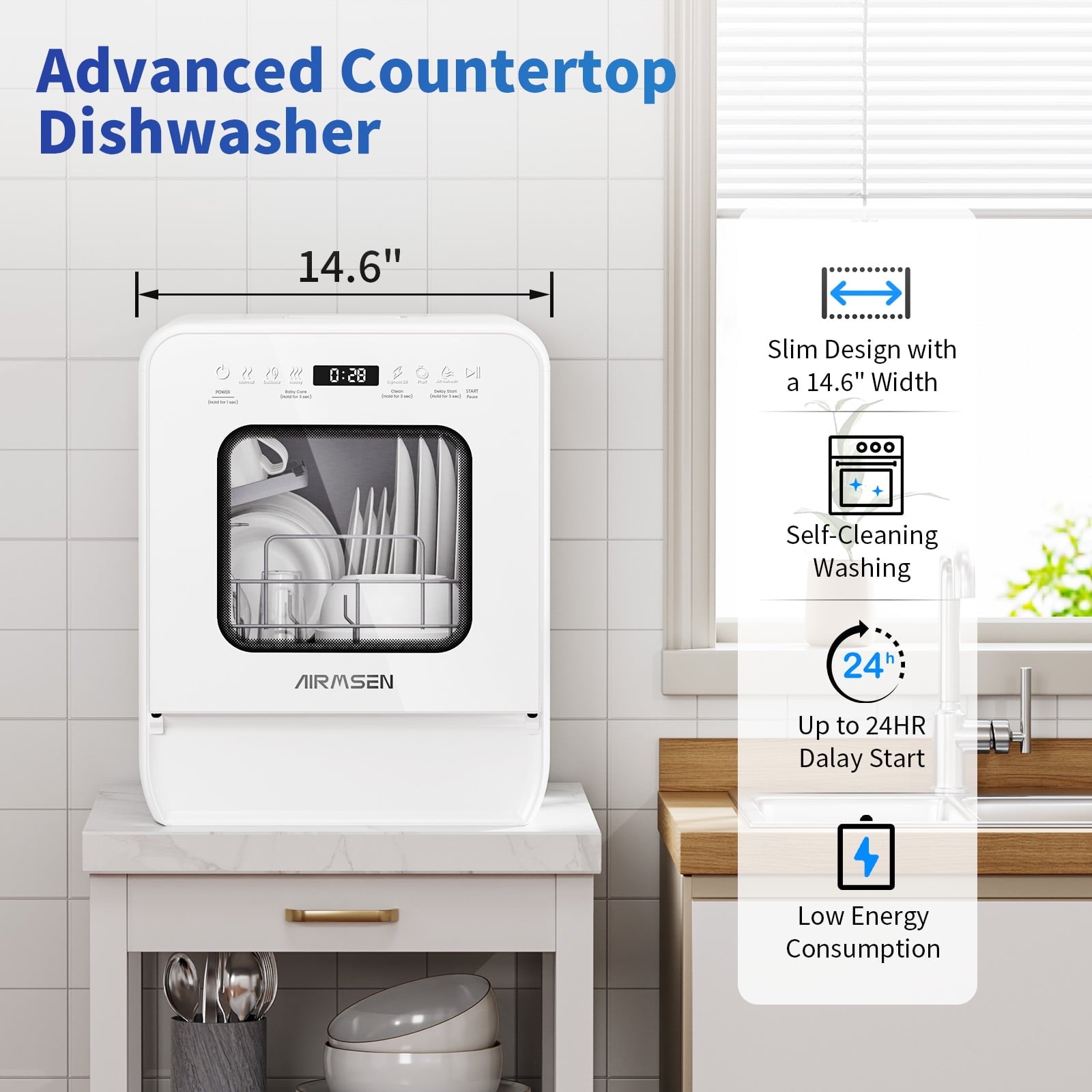 AIRMSEN 5-Place Settings Portable Countertop Dishwasher with 5L Built-in Water Tank, Ultra-Slim Dishwasher Upgrade 3 Spray Arms, 12H Delay Start and Salt Chamber Function, ZMW-DUHA01