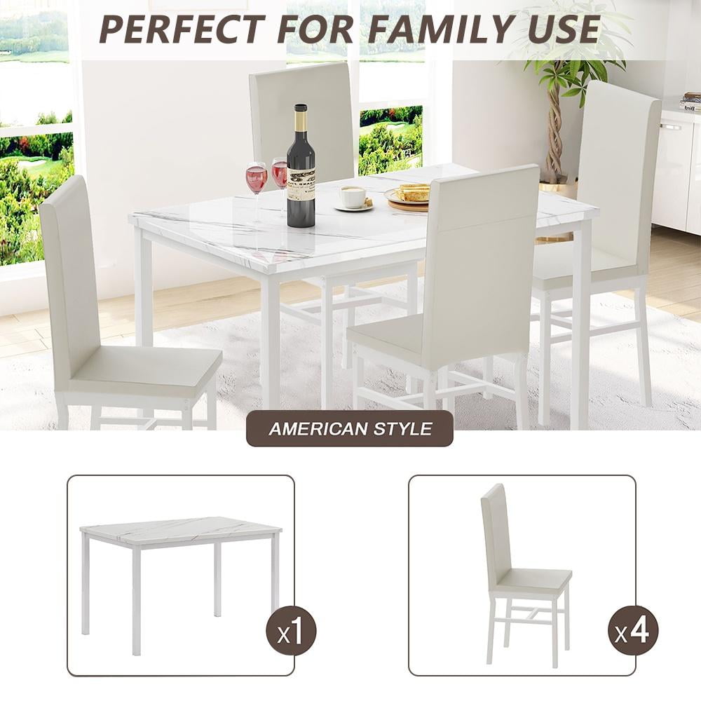 5 Piece Dining Table Set, Modern Faux Marble Tabletop and 4 PU Leather Upholstered Chairs, Rectangle Kitchen Table and Chairs for 4 Persons, Small Dining Set for Bar Dining Room Breakfast Nook