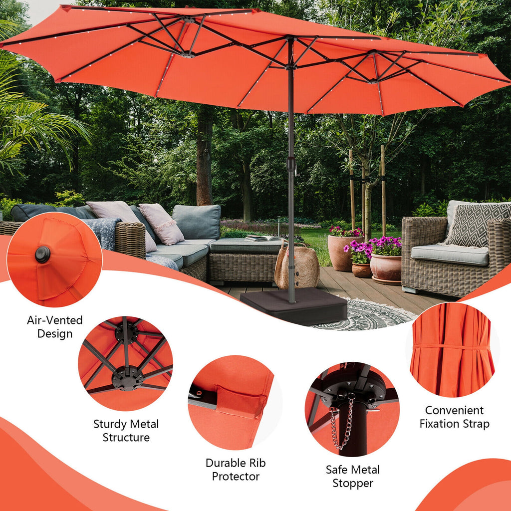 Gymax Outdoor 15' Double-Sided Patio Umbrella 48 Solar LED Lights Crank & Base Coffee