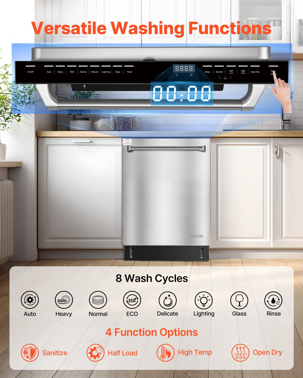 VEVOR 24 Inch Built-In Dishwasher, Stainless Steel Tub, 14 Place Settings and 8 Washing Programs, 23.82 x 25.2 x 33.78 Inch Low-Noise Dishwashing Machine with Upper / Lower Racks and Zoned Storage