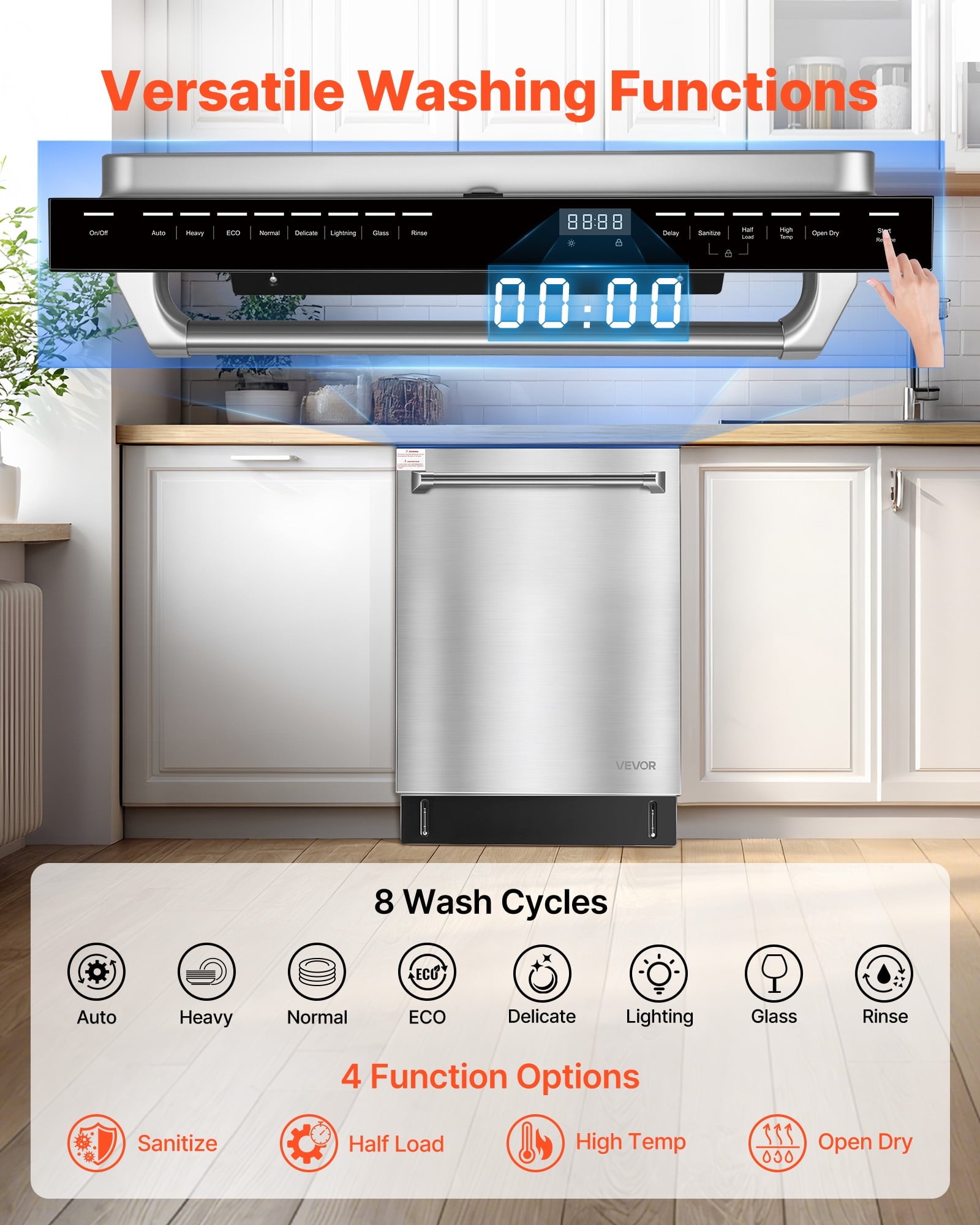 VEVOR 24 Inch Built-In Dishwasher, Stainless Steel Tub, 14 Place Settings and 8 Washing Programs, 23.82 x 25.2 x 33.78 Inch Low-Noise Dishwashing Machine with Upper / Lower Racks and Zoned Storage