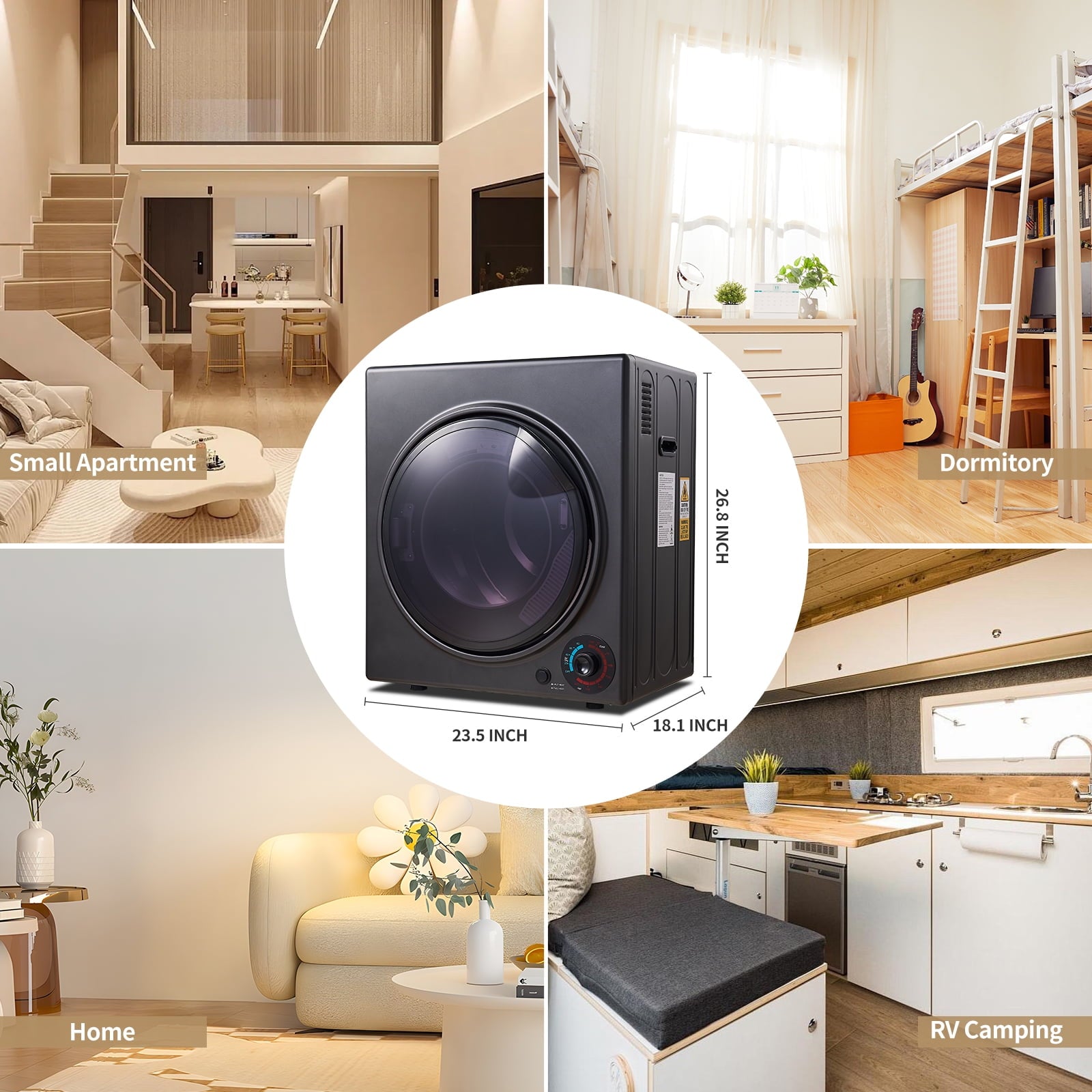 CTT Portable Dryers for Laundry 1500W, 3.5 cu.ft Compact Dryer with Stainless Steel Tub, 4 Drying Mode, Apartments, RVs, Dorms