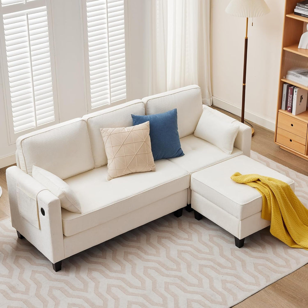 Haverchair L-Shape Chenille Sectional Sofa with Storage Ottoman,Modern Convertible Couch with Removable Cover,USB and Type-C,Side Pockets,Armrest Pillows for Living Room,Apartment,Office,White