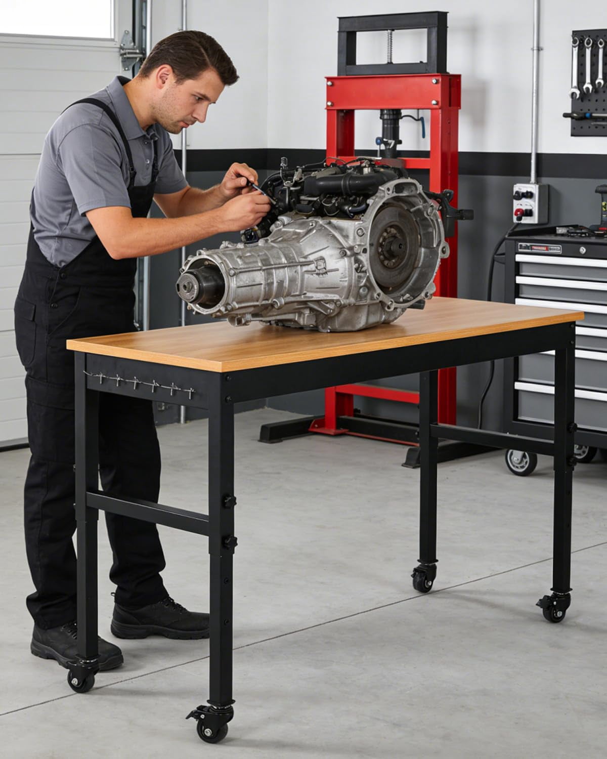 Adjustable Heavy-Duty Workbench with Power Outlets – 48 / 60 / 72 Inch Wood Top Work Table, 2500 lb Capacity, Steel Frame for Garage, Workshop, or Home Office