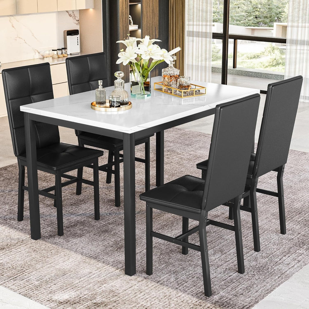 LinkRomat Dining Table Set for 4, Modern Faux Marble Tabletop and 4 PU Leather Upholstered Chairs, Kitchen Table and Chairs for Dining Room Breakfast Nook, Gray