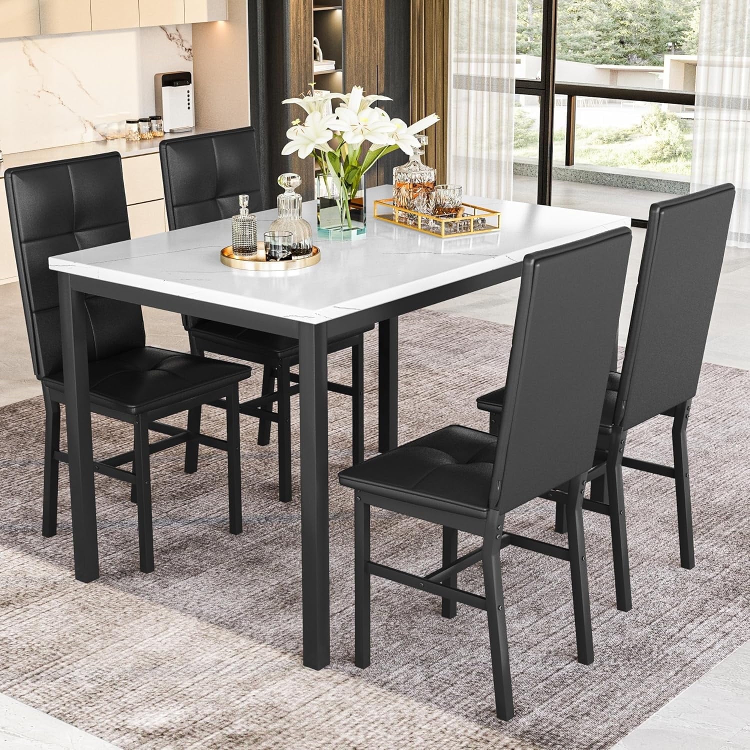 LinkRomat Dining Table Set for 4, Modern Faux Marble Tabletop and 4 PU Leather Upholstered Chairs, Kitchen Table and Chairs for Dining Room Breakfast Nook, Gray