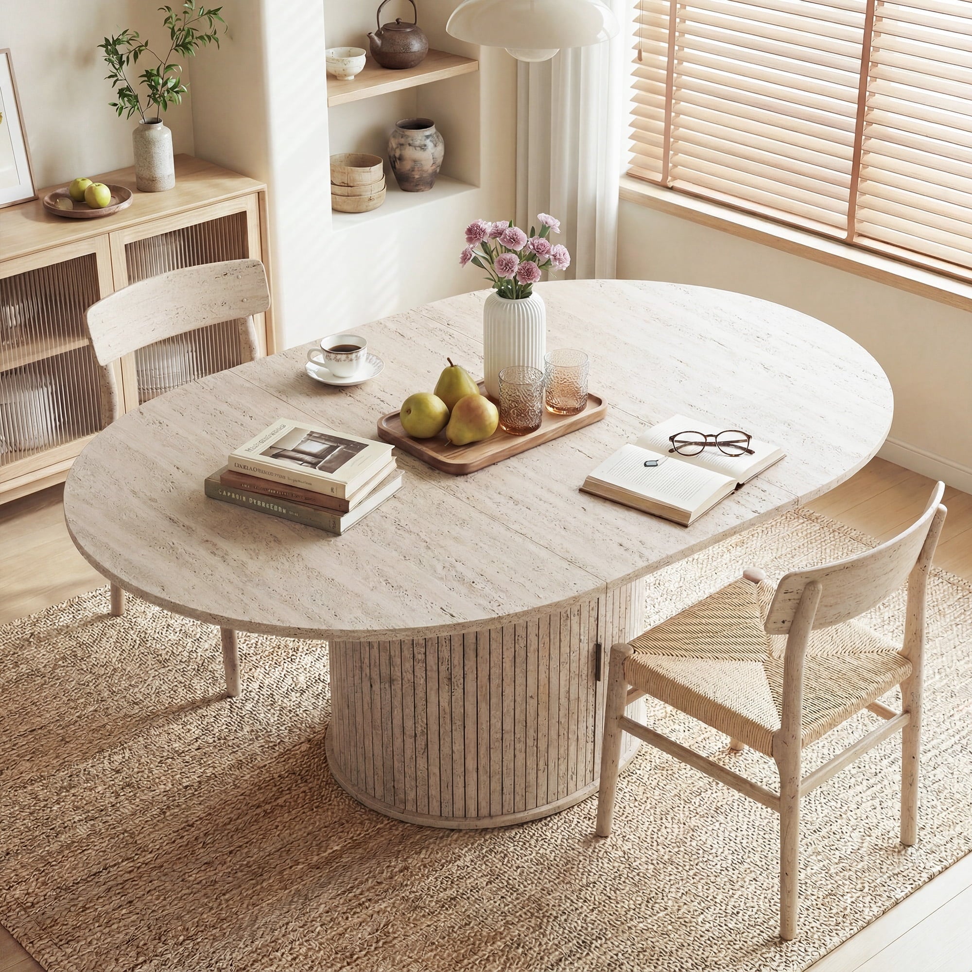 EOP 47″- 63″ Extendable Round Dining Table for 4-6, Wooden Kitchen Table with Hidden Storage and Fluted Sliding Door Cabinet, Modern Space-Saving Table for Dining Room Kitchen, Natural Wood