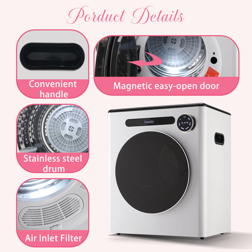 Dessiz 1.6 Cu.Ft.,11LBS Dryer 950W portable Clothes Dryer Machine with Stainless Steel Drum and Exhaust Hose,Compact Dryer for RVs, Apartments,Dorm Rooms- Quiet, Sturdy,Easy to Use and LED Display