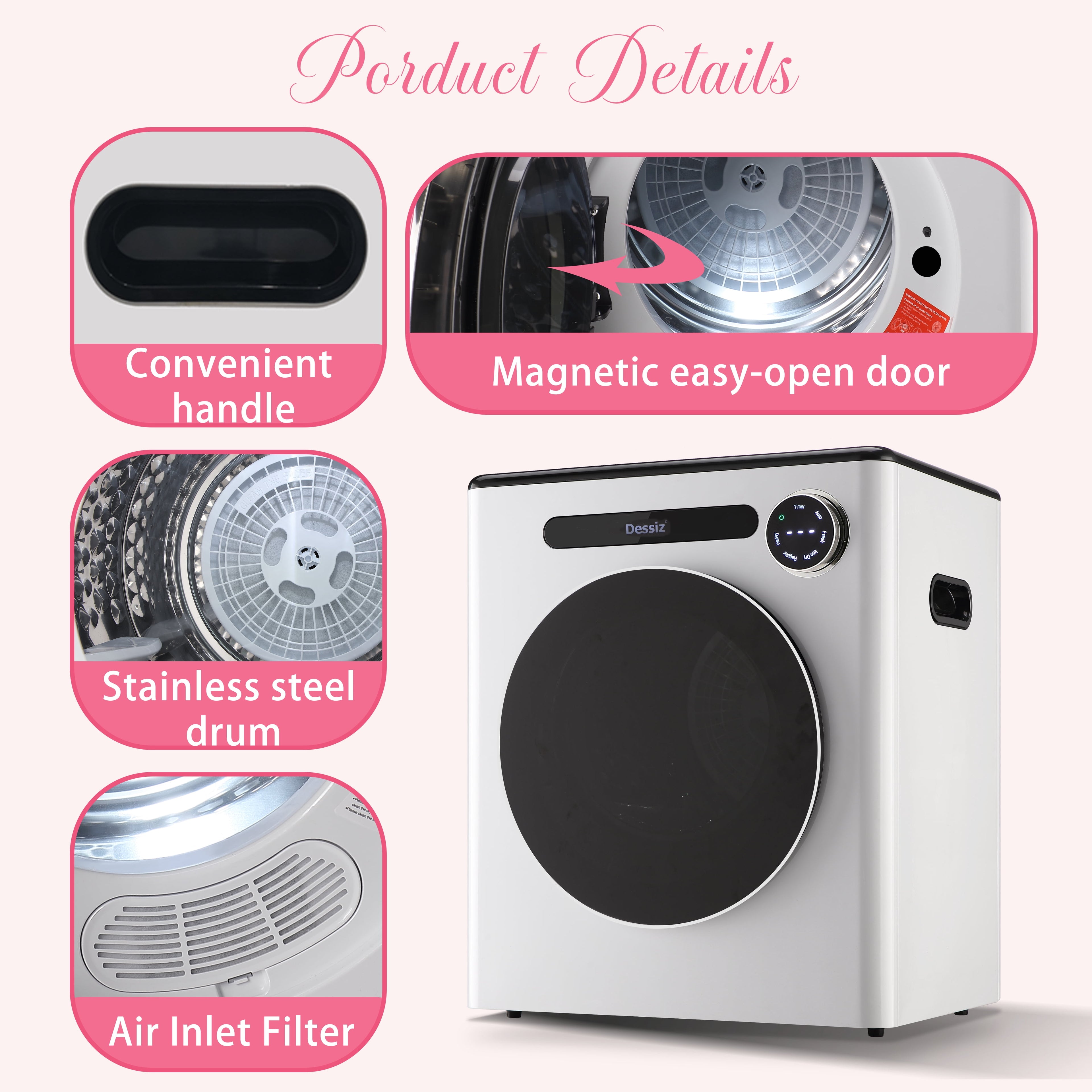 Dessiz 1.6 Cu.Ft.,11LBS Dryer 950W portable Clothes Dryer Machine with Stainless Steel Drum and Exhaust Hose,Compact Dryer for RVs, Apartments,Dorm Rooms- Quiet, Sturdy,Easy to Use and LED Display