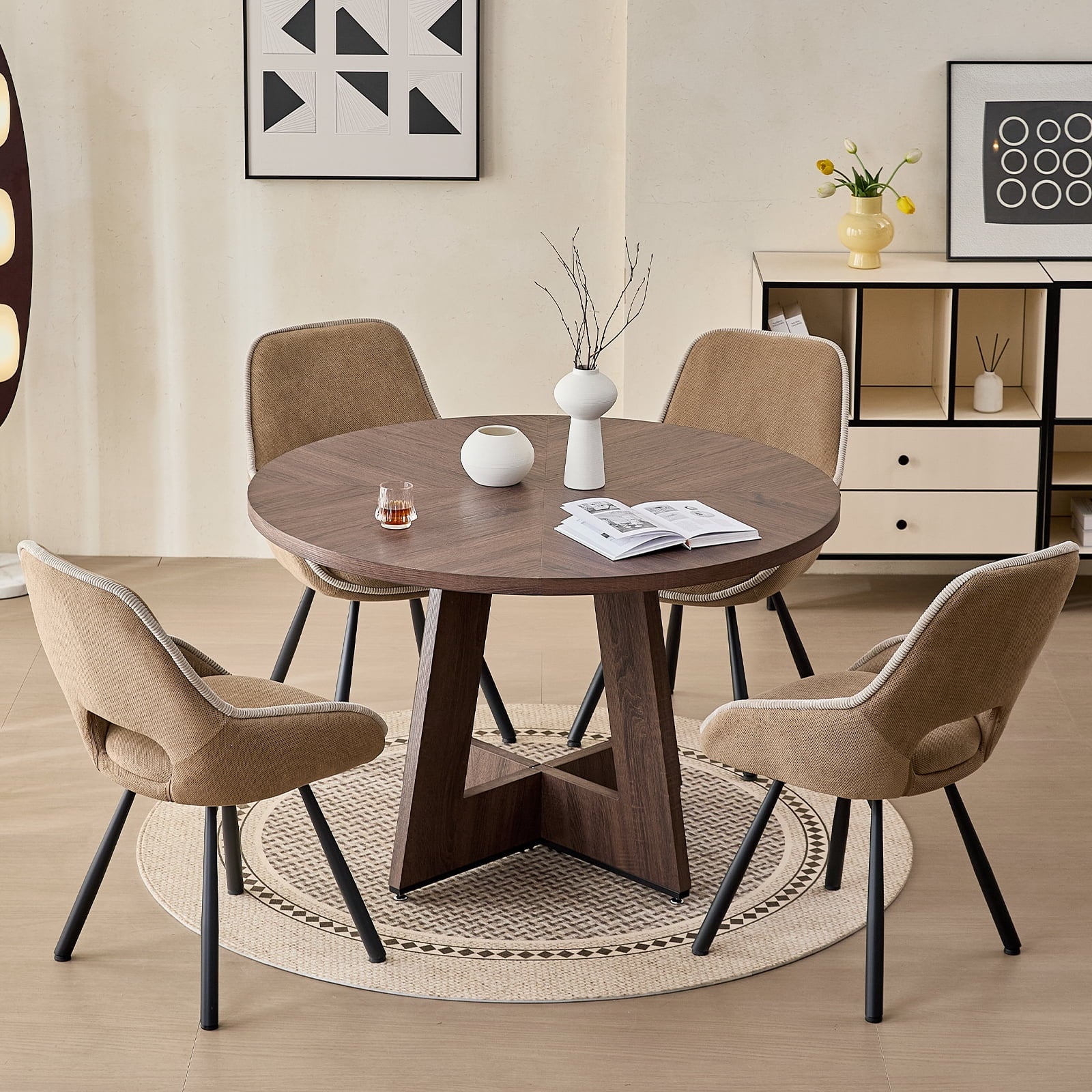 5 Piece 47'' Round Dining Table Chairs Set for 4, Farmhouse Oak Kitchen Table with 4 Boucle Mid Century Modern Dinning Room Chairs, Wood Dinner Table &Upholstered Chair Set of 4, Beige