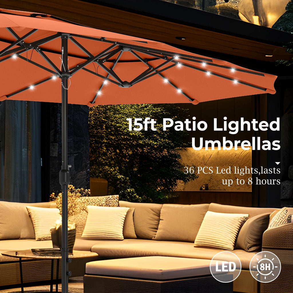Alpha Joy 15ft Dual-Layer Extra Large Outdoor Patio Umbrella Double-Sided Ventilation Umbrella with Led Lights & Umbrella Base, Beige