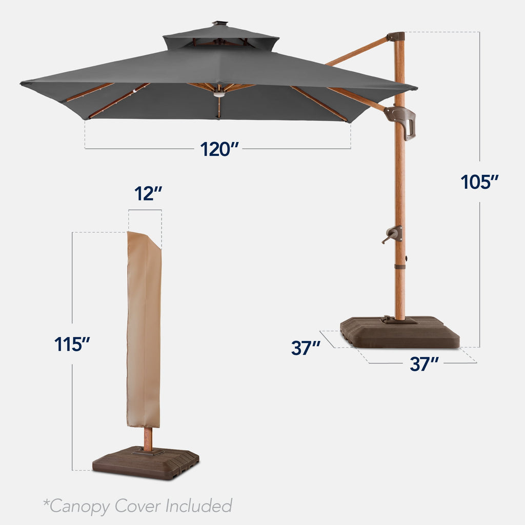 Best Choice Products 10ft Square Woodgrain Pattern 2-Tier Outdoor Solar LED Cantilever Umbrella w/ Base - Gray