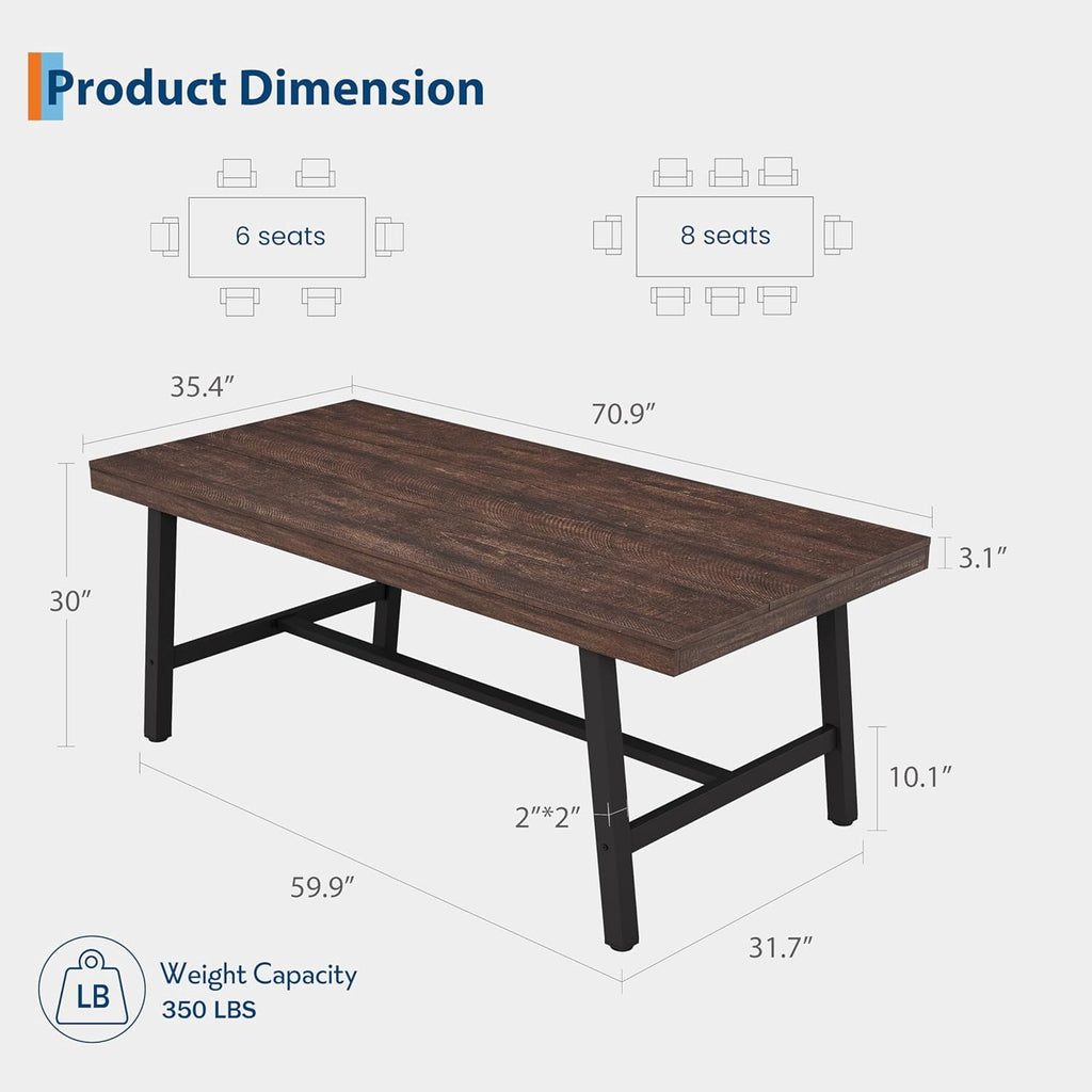 Industrial Dining Table for 6-8 People, 70.87 Long Wooden Kitchen Table with Sturdy Metal Frame & Natural Finish, Seats 6 Rectangular Counter for Dinner, Kitchen, Dining Room - Natural