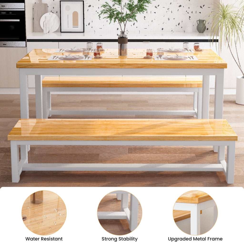 MIERES Kitchen Dining Set: Rectangular solid wood dining table with two benches, suitable for 2 to 4 people, small dining set, black