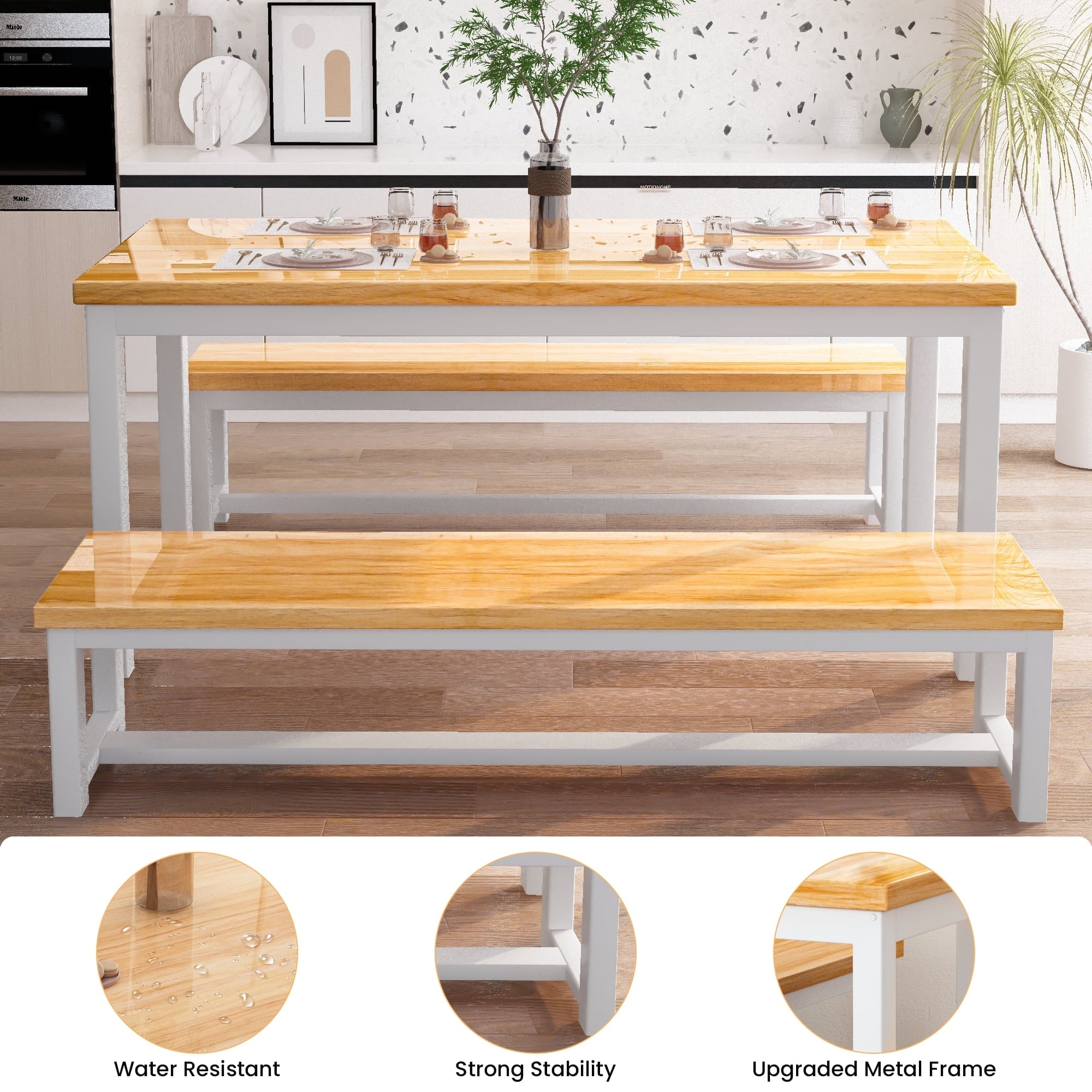 MIERES Kitchen Dining Set: Rectangular solid wood dining table with two benches, suitable for 2 to 4 people, small dining set, black