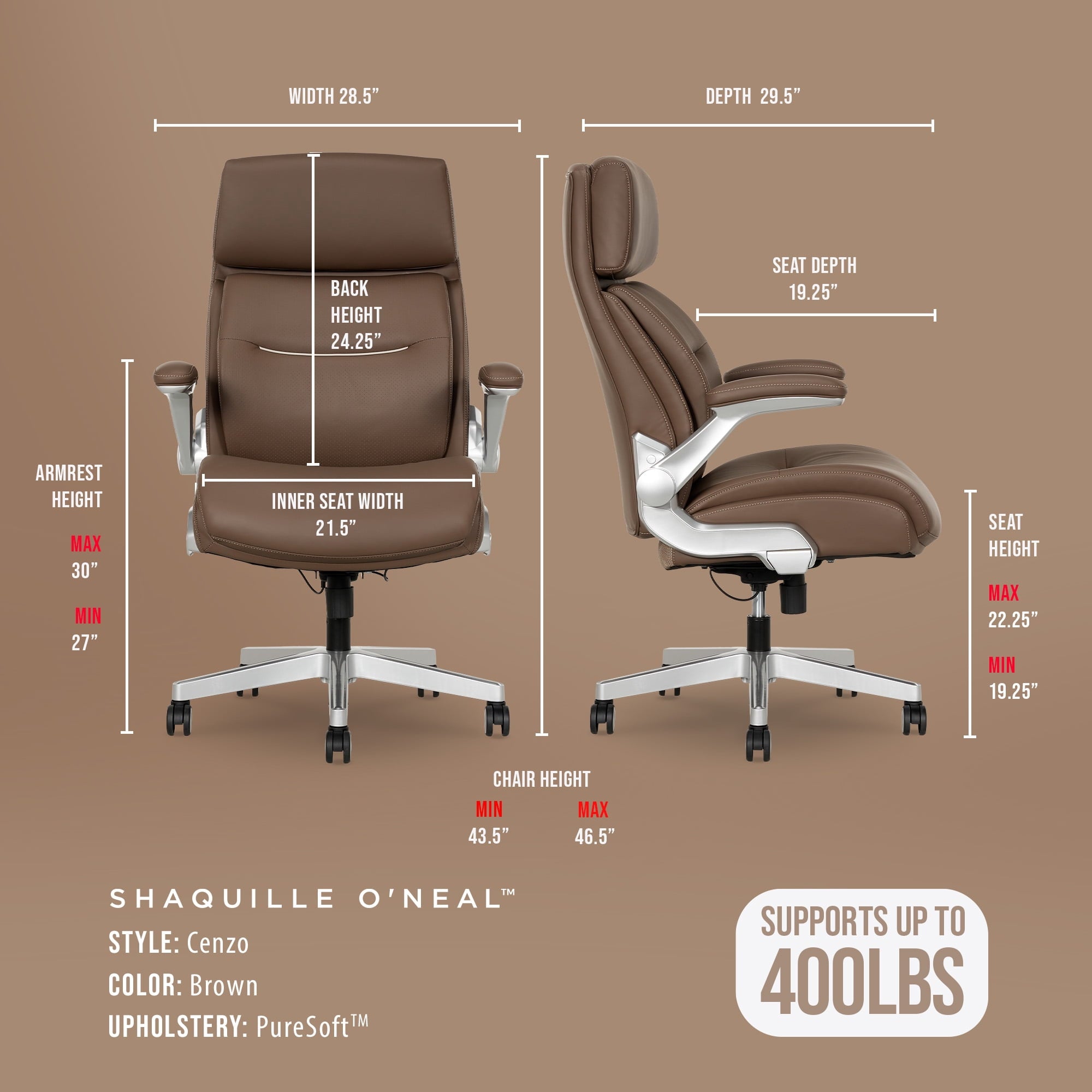 Shaquille O'Neal Cenzo Ergonomic Big and Tall Office Chair ,Flip-Up Arms PureSoft Upholstery High-Back Desk Chair with 400 lb Capacity, Black
