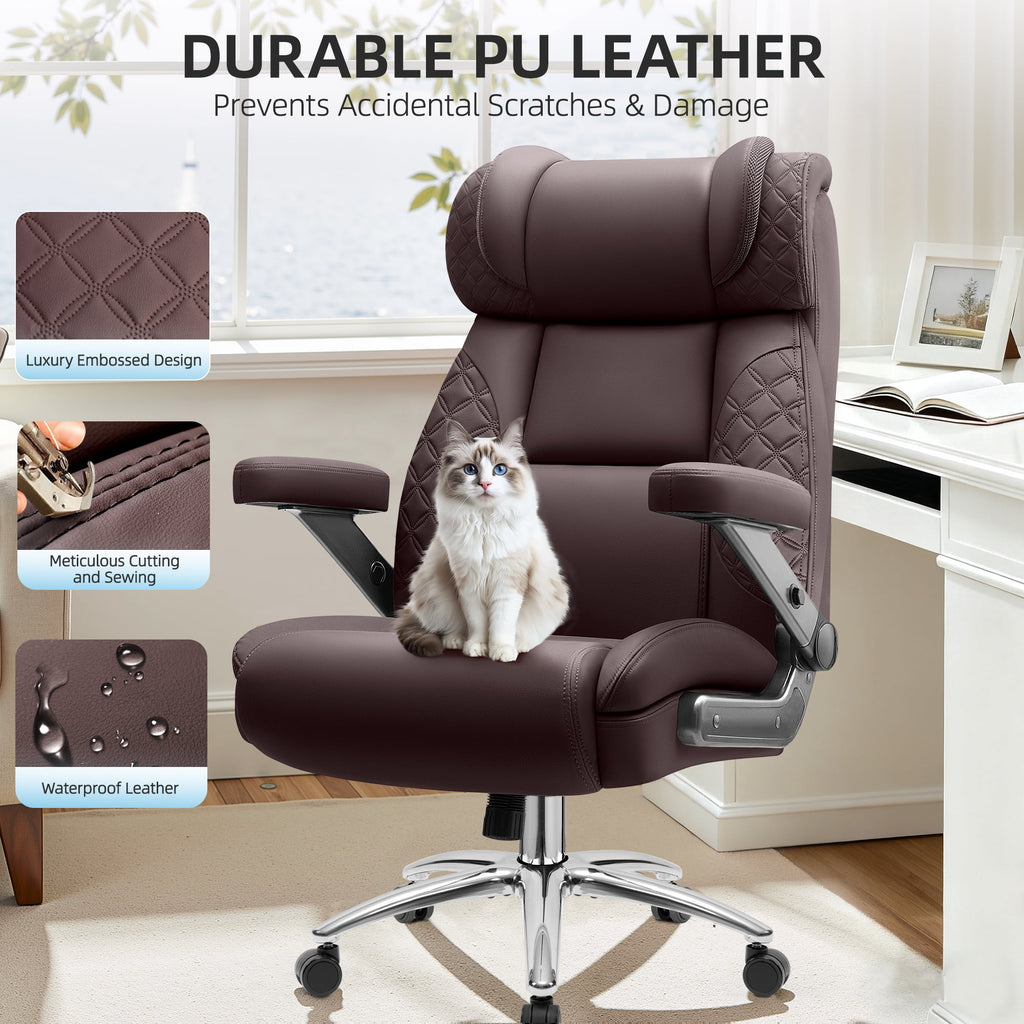 FASTES Leather Office Chair Big and Tall Desk Office Chair, 500lbs Computer Chair Ergonomic Extra Wide Gaming Chair with Adjustable Lumbar Support 5D Flip Arms, Black