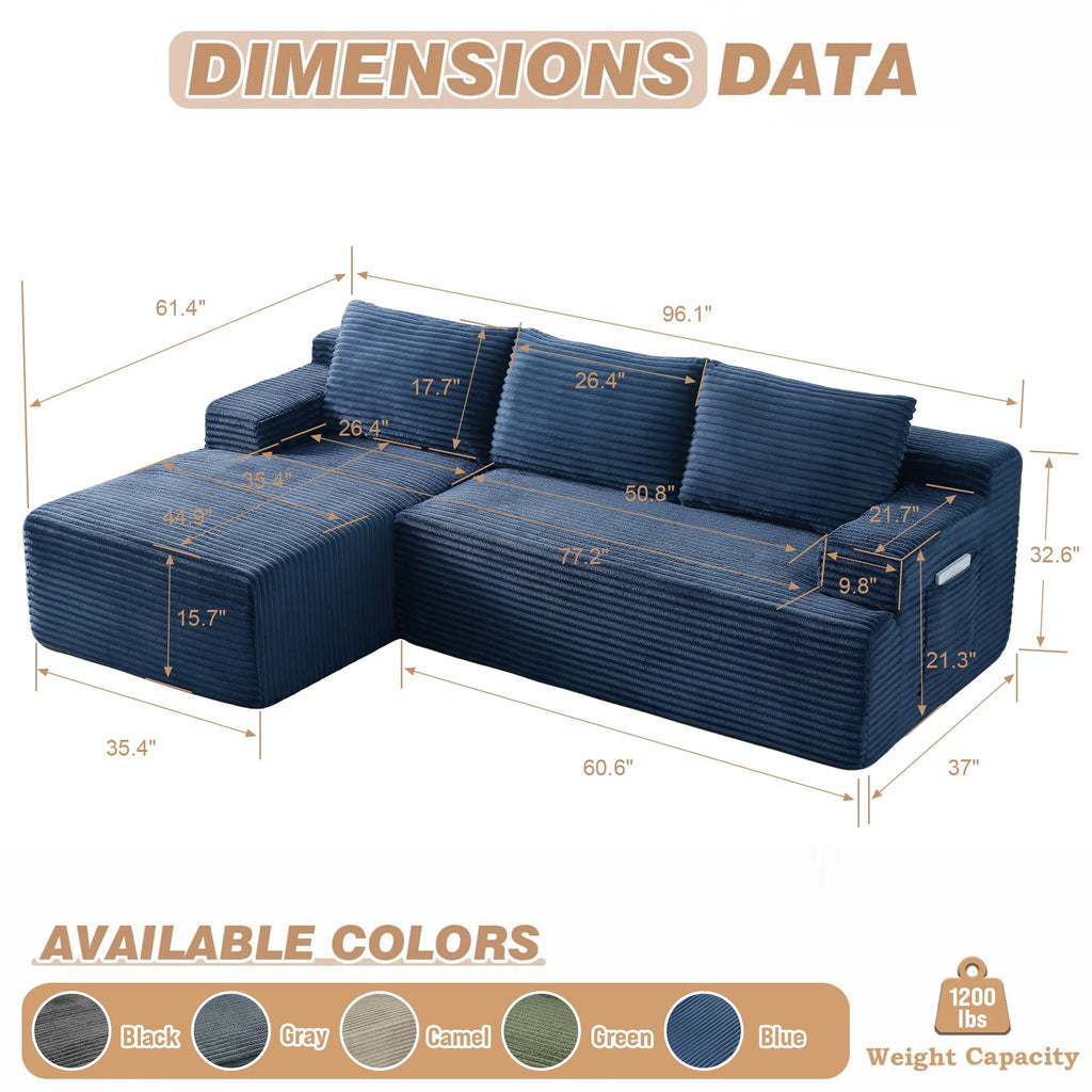Aukfa 95 Cloud Sectional Sofa Deep Seat Boneless Couch Modular L-Shaped Couch, Left Chaise Corduroy Sofa for Living Room, Black
