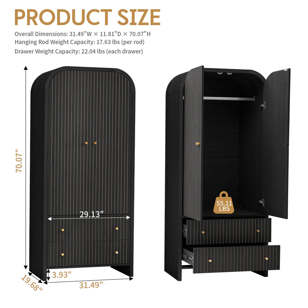 Wirrytor Freestanding Wooden Armoire Wardrobe with 2 Woven Doors and Storage Drawers, Space-Saving Closet Cabinet for Bedroom, Sturdy Mdf Board Closet with Hanging Rail