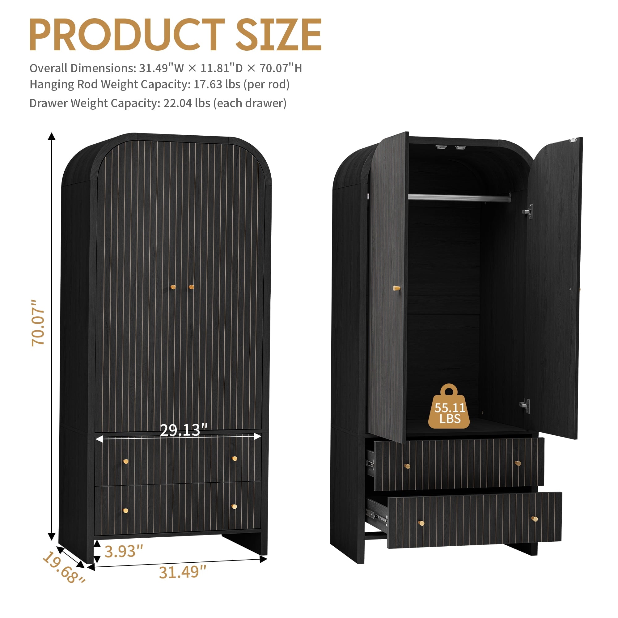 Wirrytor Freestanding Wooden Armoire Wardrobe with 2 Woven Doors and Storage Drawers, Space-Saving Closet Cabinet for Bedroom, Sturdy Mdf Board Closet with Hanging Rail